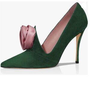 XYD Forest Suede Pointed Toe High Heels Rose Flower Elegant Dress Pumps
